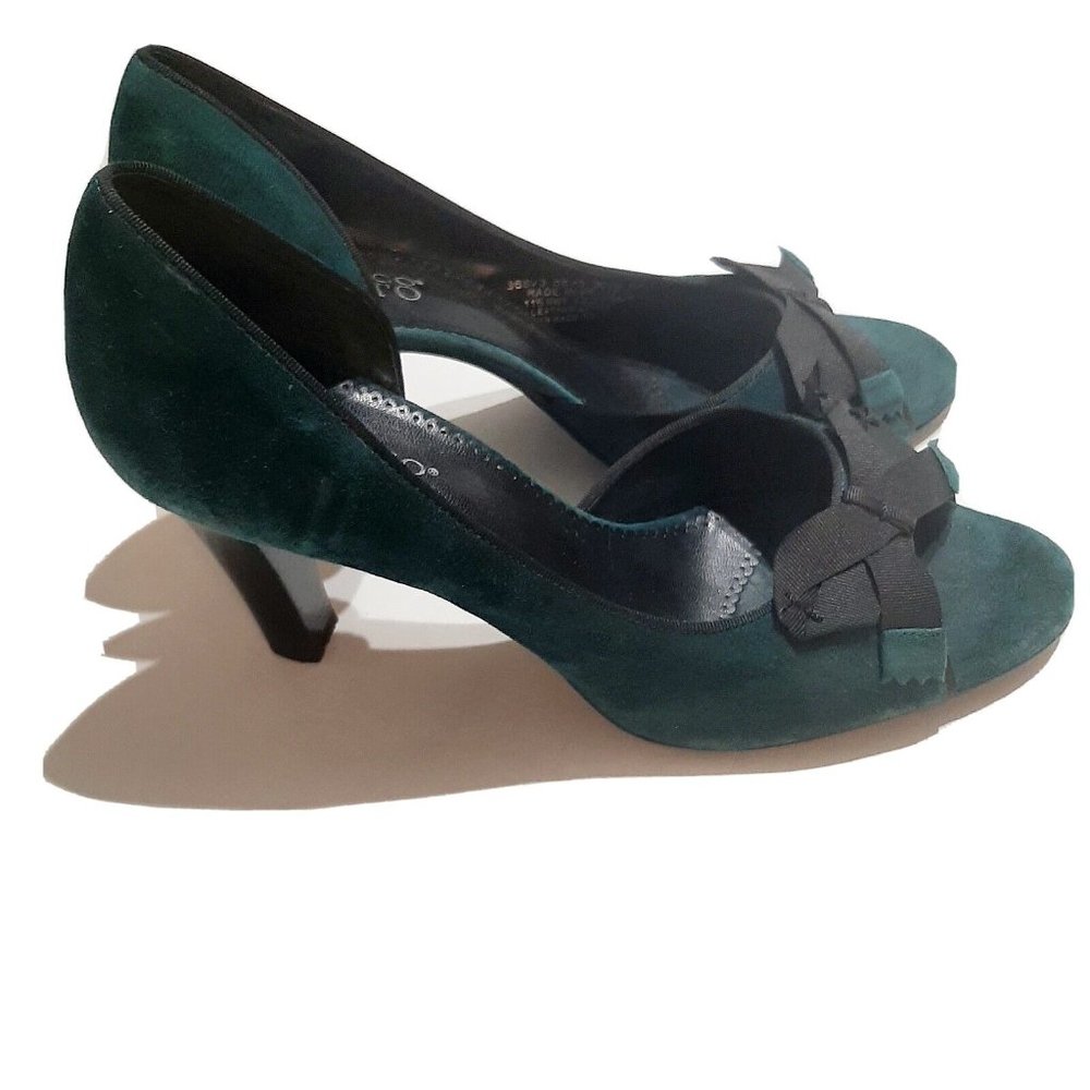 Franco Sarto Women's Peep Toe Bow Green Suede Pumps 3" Block Heel Size 9